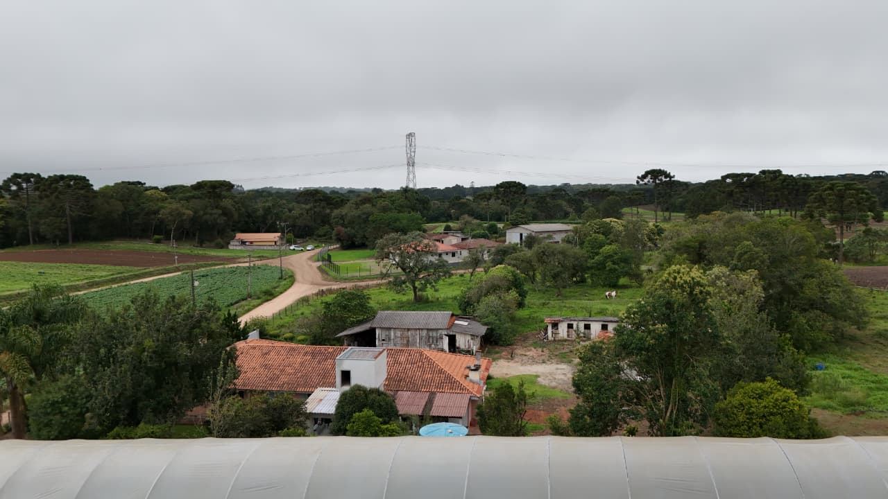 Vista do entorno a partir da propriedade: estrada de terra, propriedades rurais vizinhas, áreas de cultivo, mata com araucárias e linha de transmissão ao fundo.