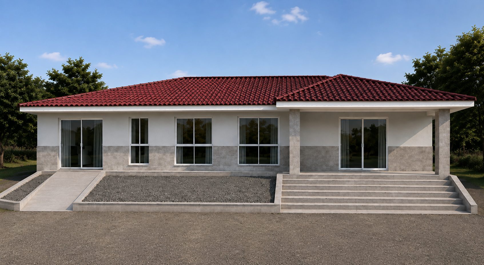 Render conceitual da fachada proposta para a casa sede: volume térreo horizontal com telhado cerâmico, revestimento em tom cimentício na base, janelas amplas, varanda com escada em toda a extensão e rampa alinhada à porta da cozinha.